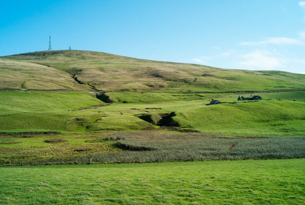 a grassy hill with a telephone pole on top of it
