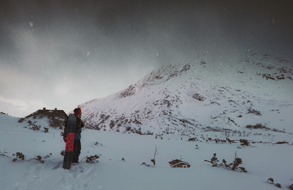 a man standing on top of a snow covered slope