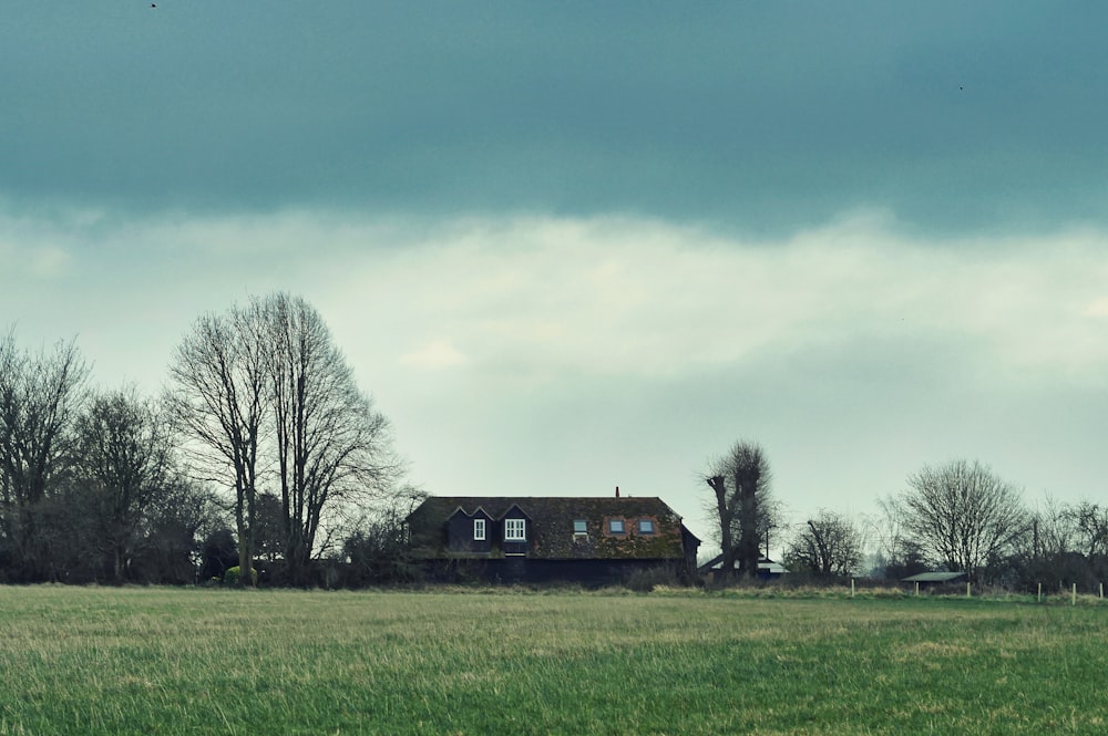 a large field with a house in the distance