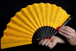 a woman holding a yellow and black fan