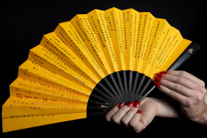 a woman holding a yellow and black fan