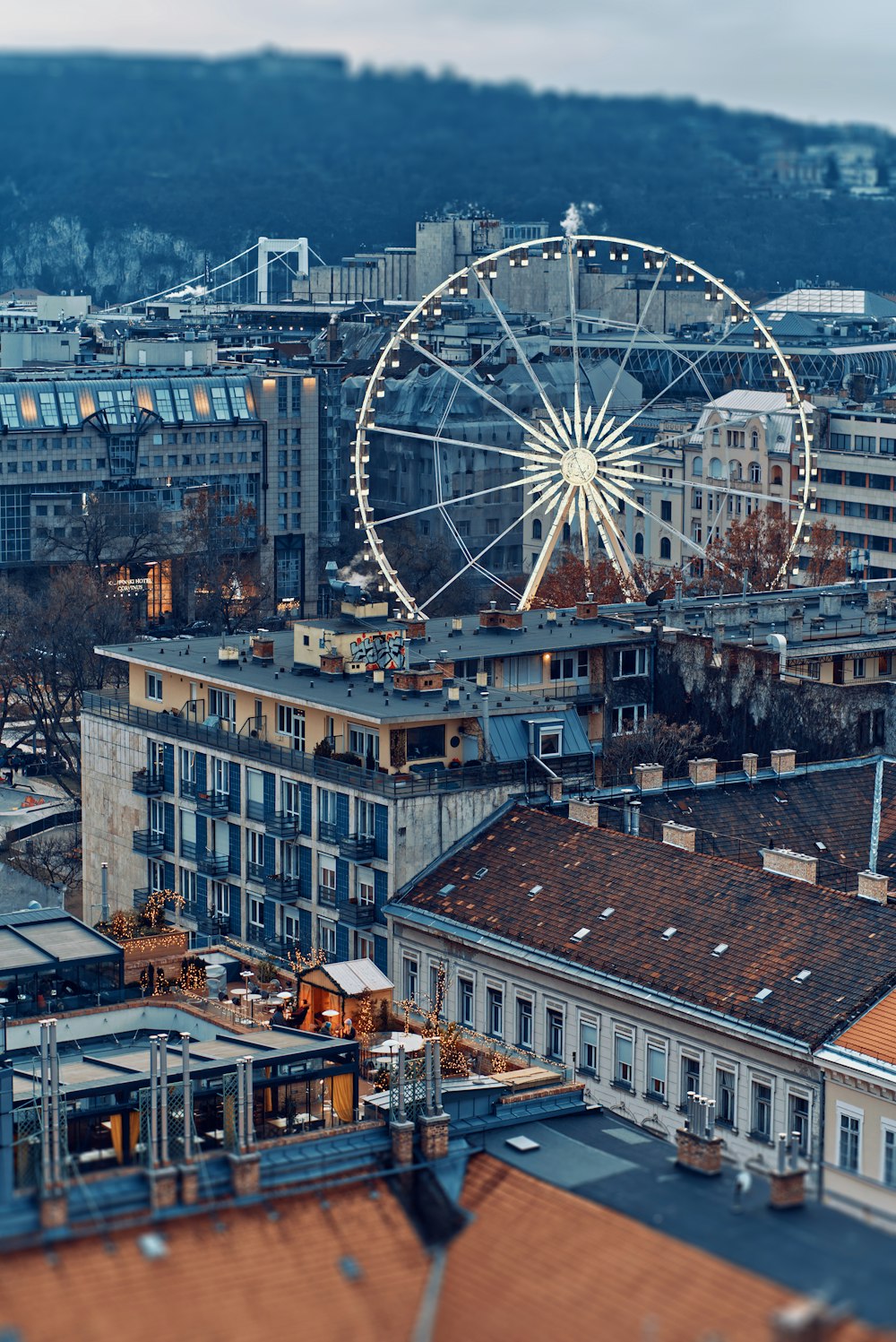 a ferris wheel on top of a building in a city