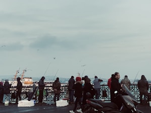 A group of people fishing on a bridge, with cloudy skies and a ship visible in the background. Some individuals are dressed in hooded jackets, indicating cool weather. The scene includes various fishing rods and equipment, while birds fly overhead.
