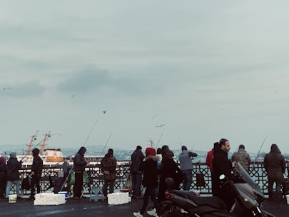 A group of people fishing on a bridge, with cloudy skies and a ship visible in the background. Some individuals are dressed in hooded jackets, indicating cool weather. The scene includes various fishing rods and equipment, while birds fly overhead.