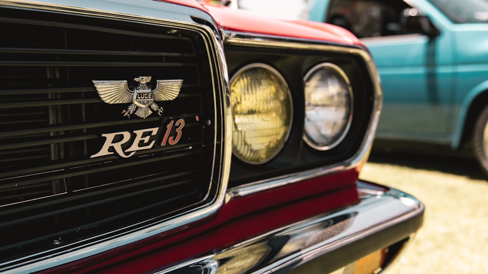 a close up of the front grill of a car