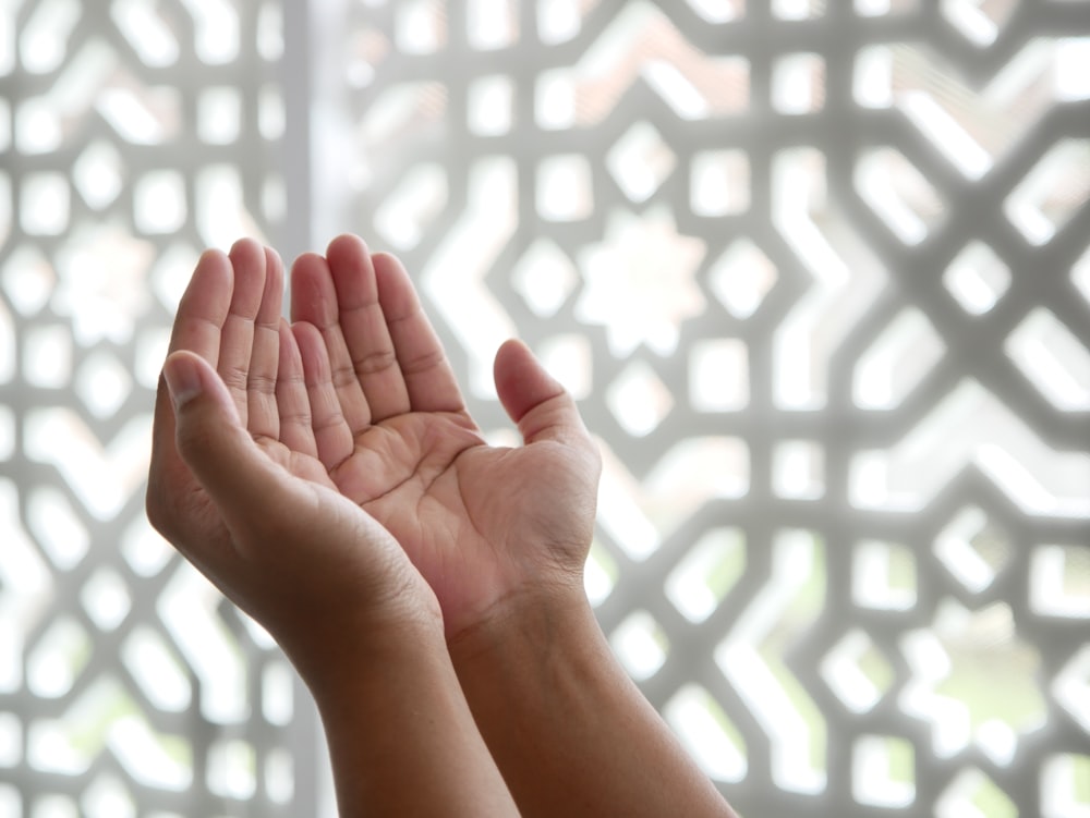a person holding their hands up in front of a window