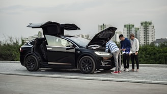 A professional examiner inspecting a car with clipboard in Hamburg urban setting.
