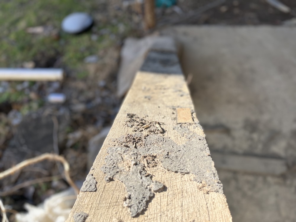 a close up of a wooden plank with dirt on it