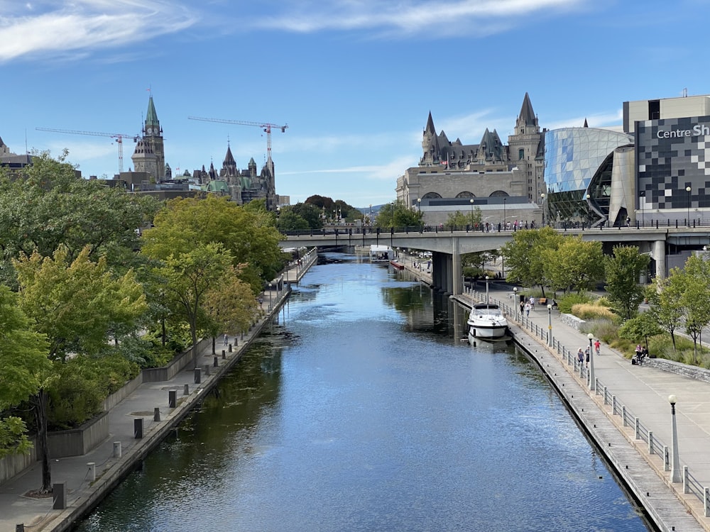 a river running through a city next to tall buildings