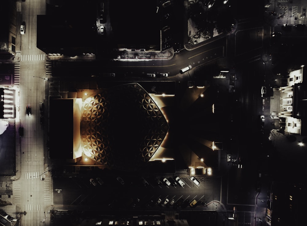 an aerial view of a city at night