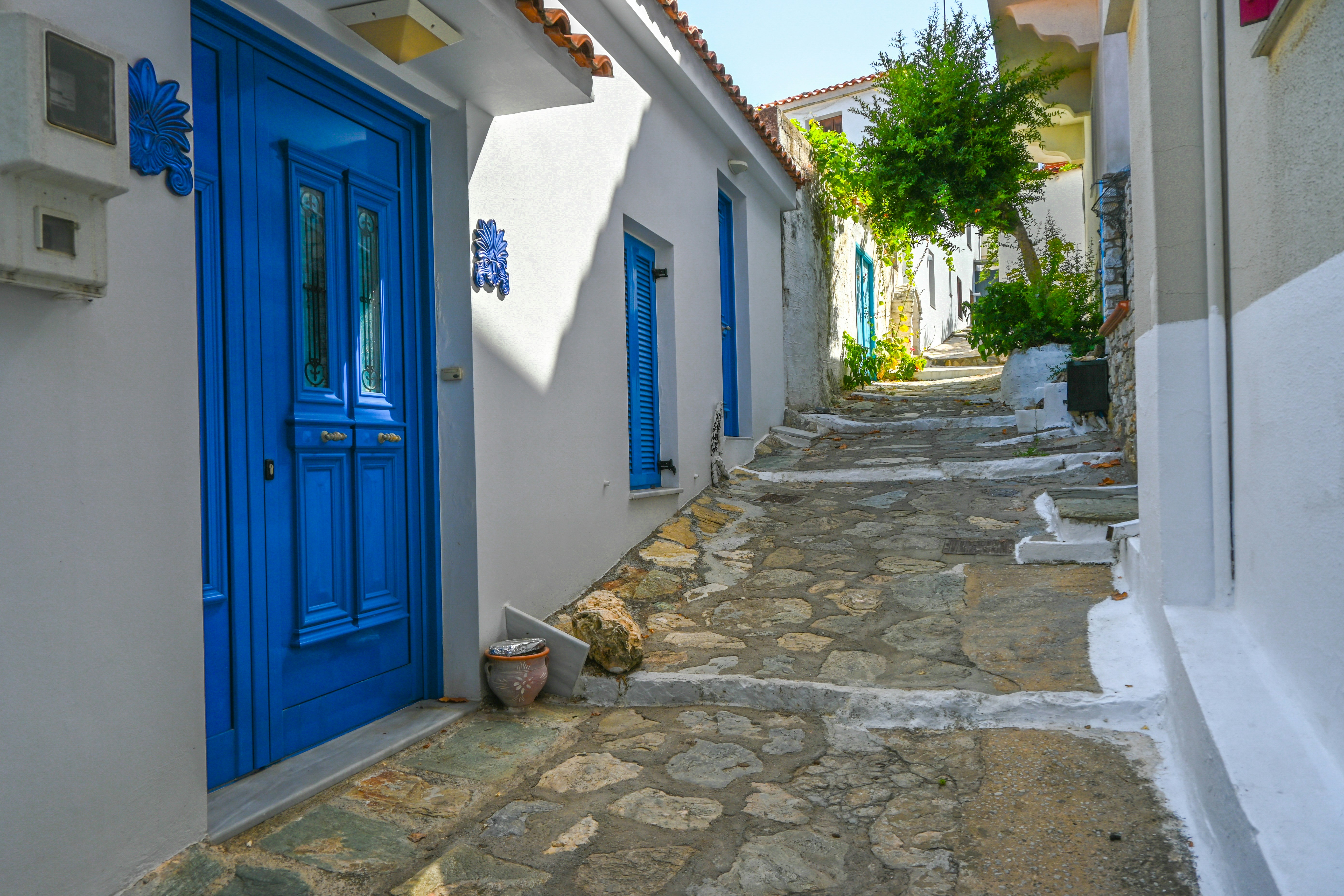 a cobblestone street with blue doors and windows, 