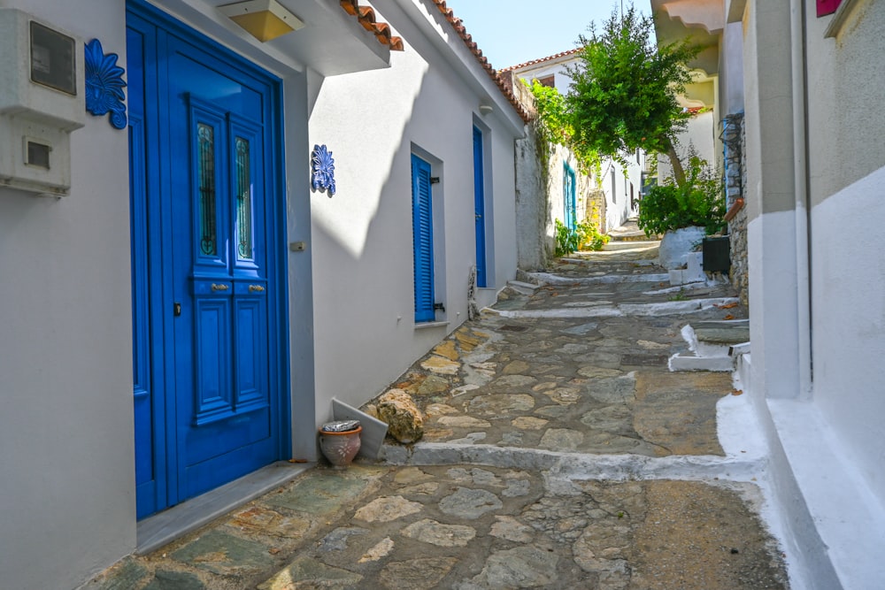 a cobblestone street with blue doors and windows