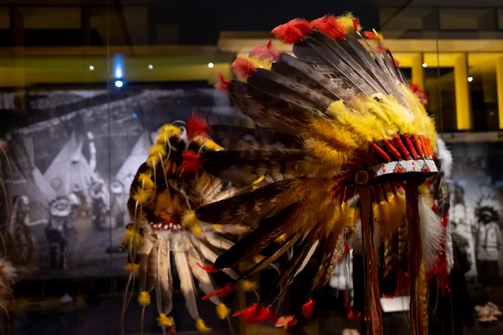 a native american headdress is displayed in a museum