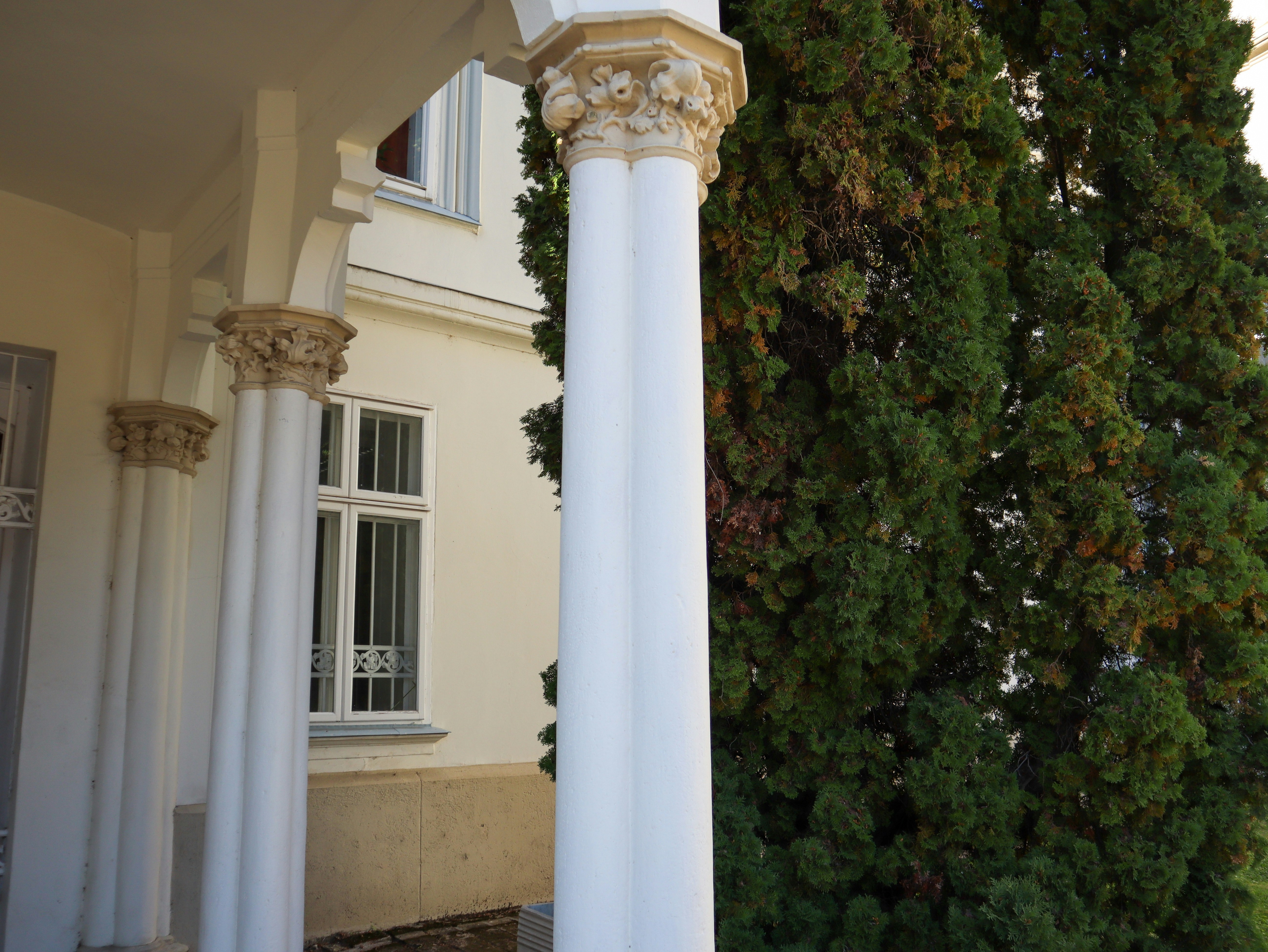 A tall column planter highlighting a commercial entryway with lush green foliage - large self watering planters