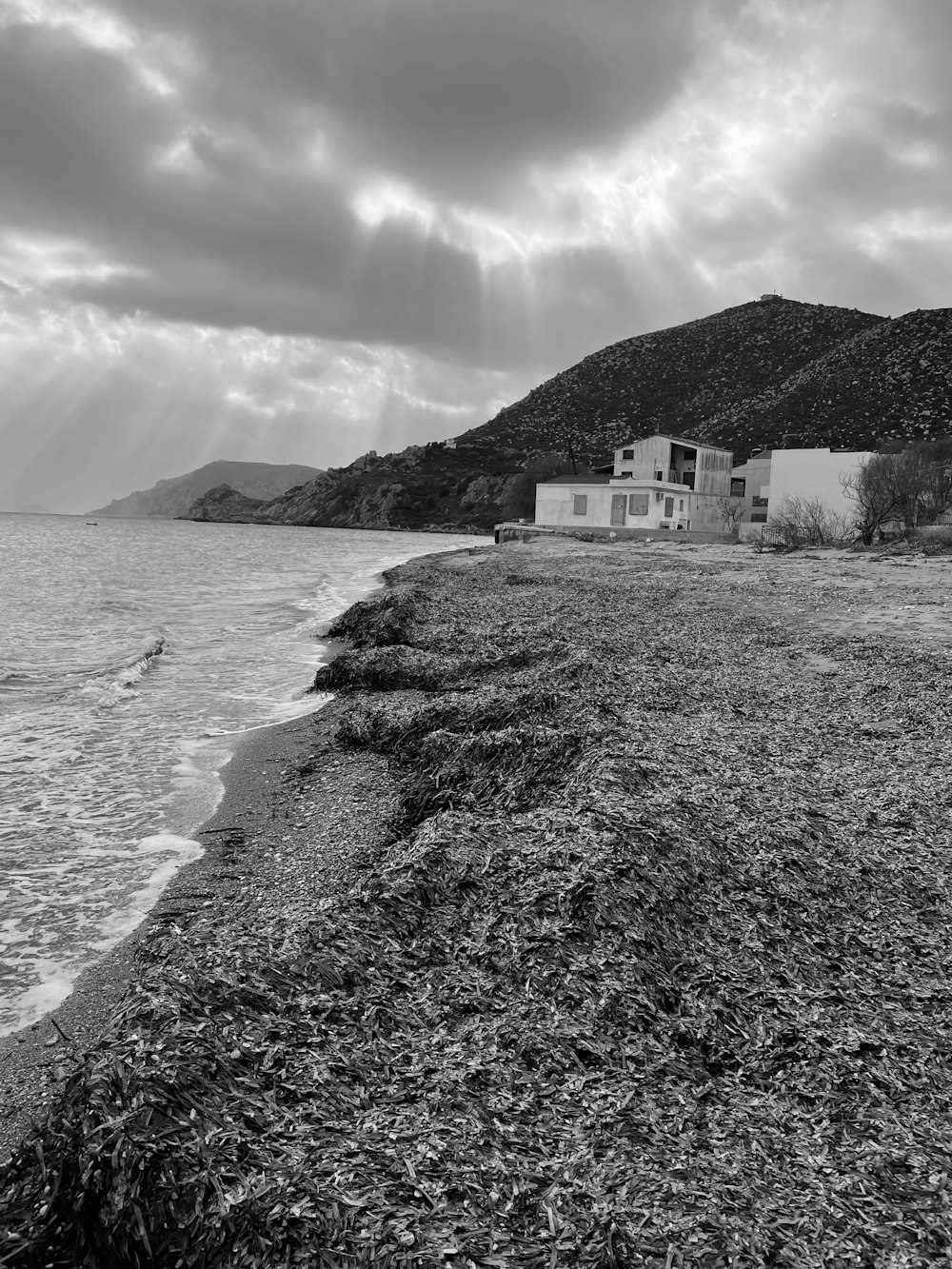 a black and white photo of a house on the beach
