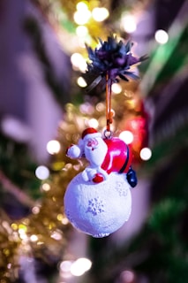 a christmas ornament hanging from a christmas tree