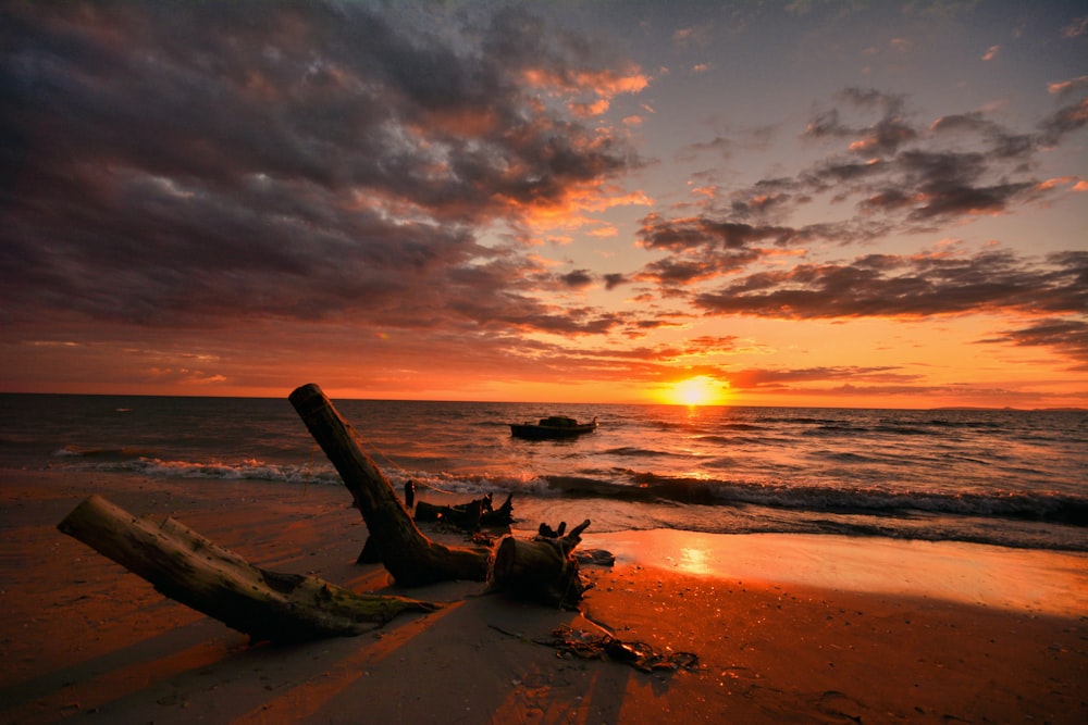 the sun is setting over the ocean with a log sticking out of the sand