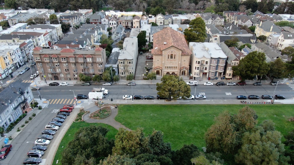 an aerial view of a city with lots of tall buildings