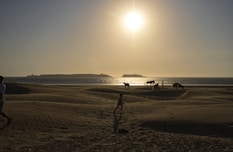 a group of people walking across a sandy beach