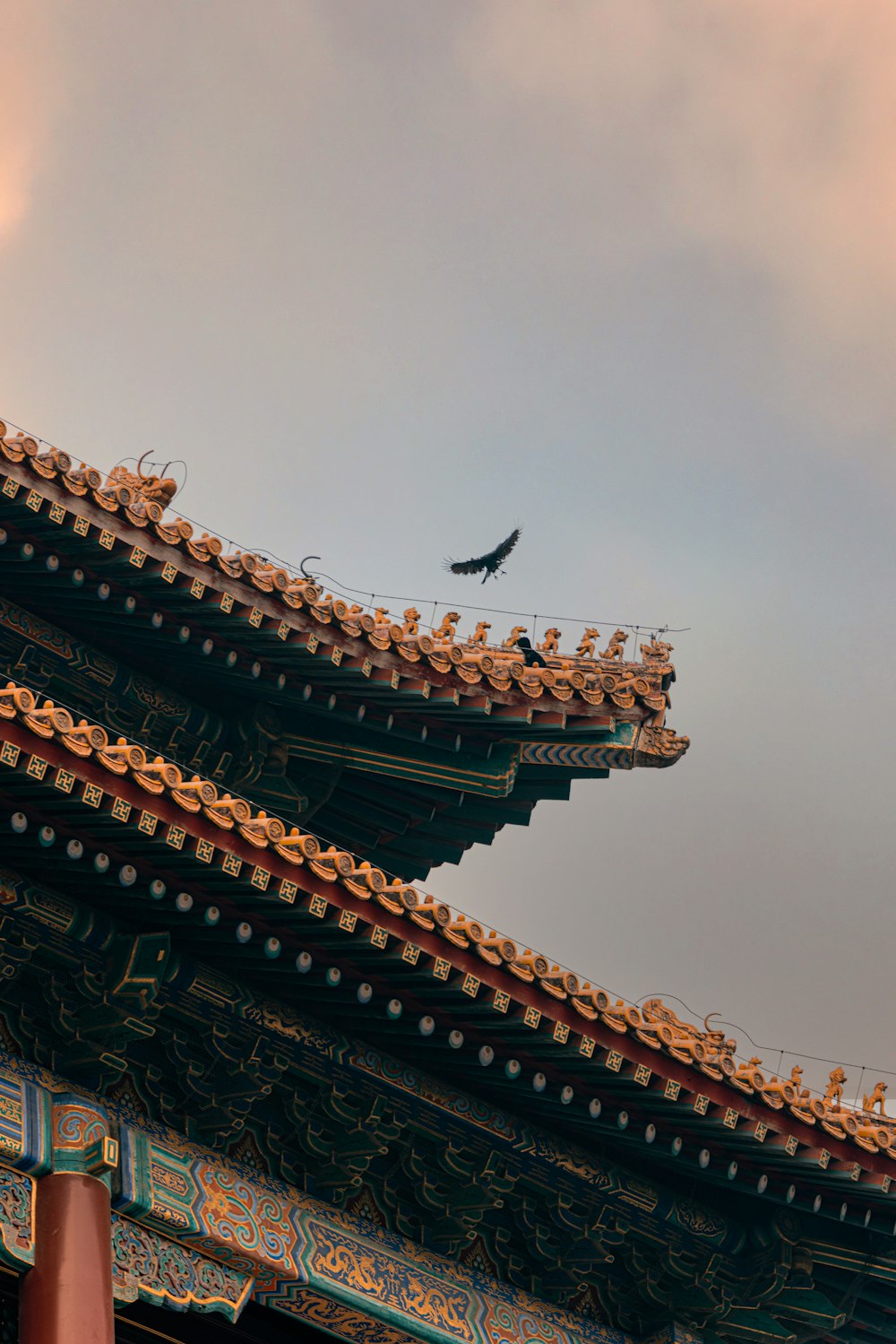 a bird flying over a building with a sky background