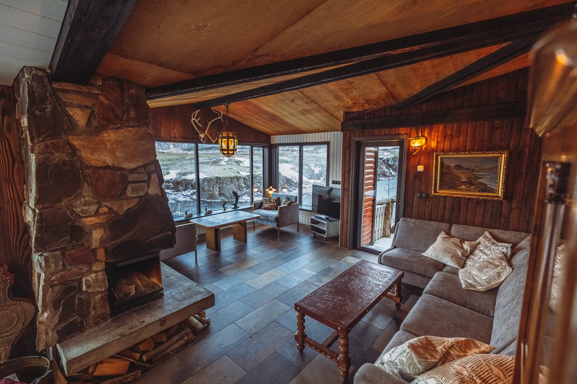 Fireplace lounge with stone hearth