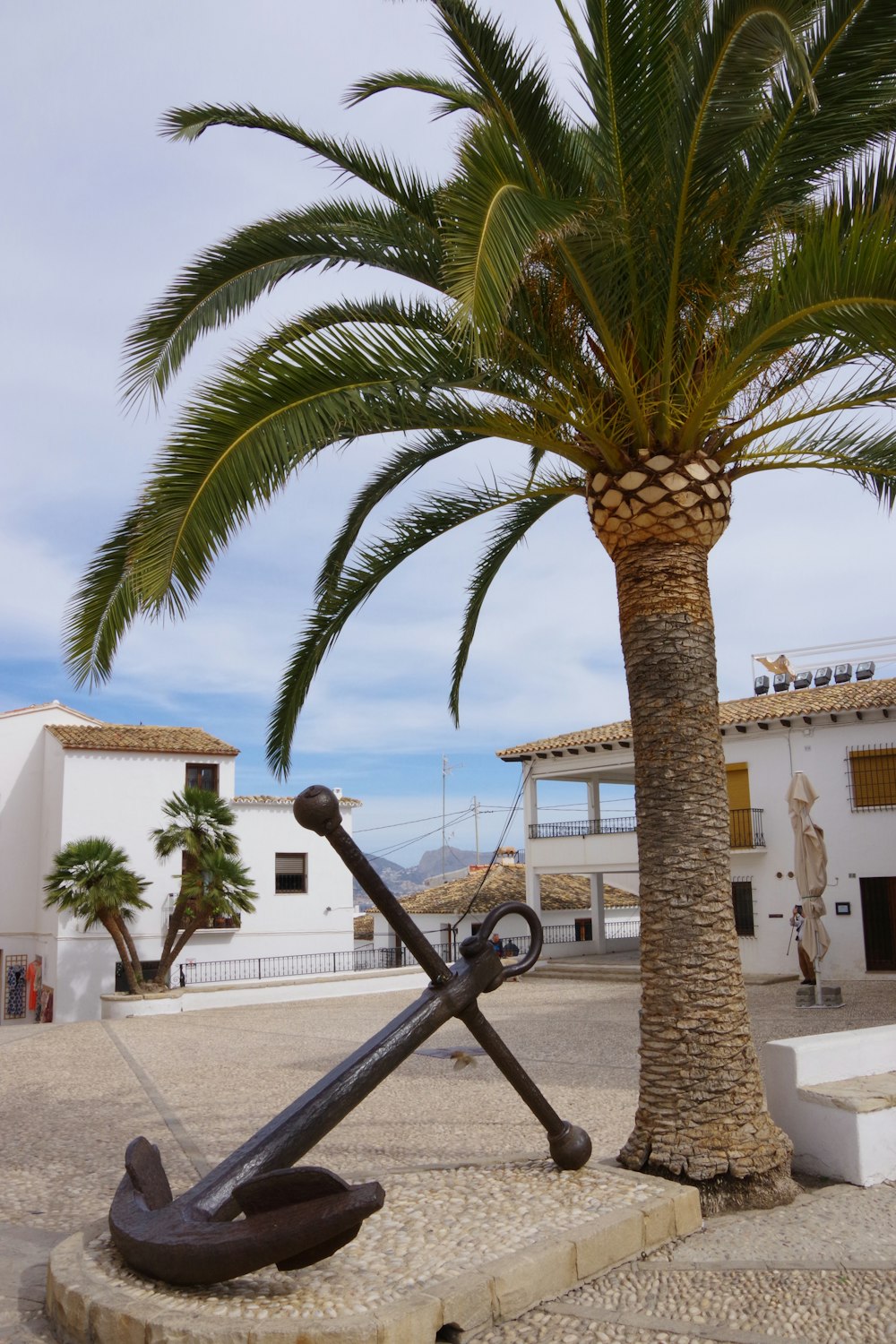 una palmera junto a una estatua de un ancla