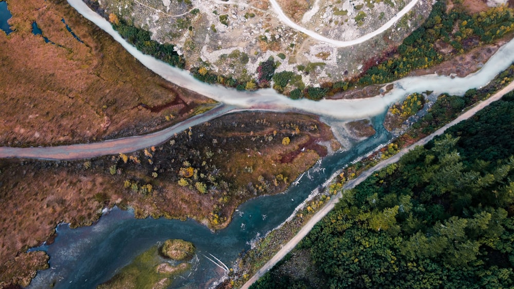 an aerial view of a river running through a forest