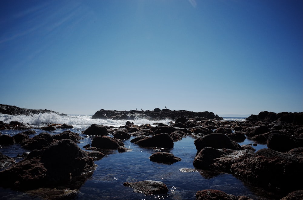 the sun shines brightly over a rocky beach