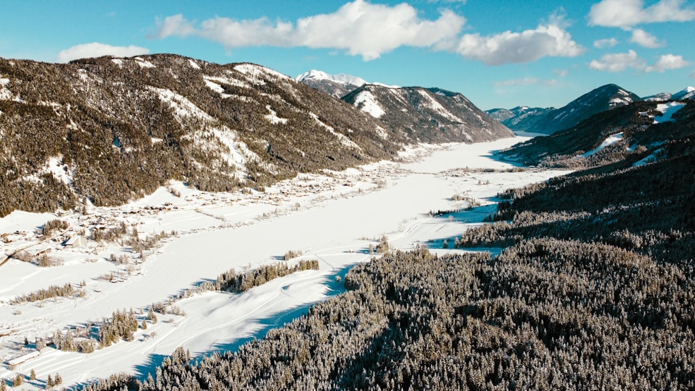 a river running through a snow covered mountain side