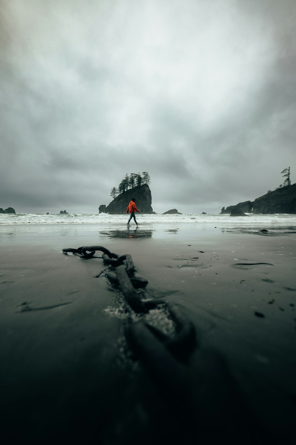 a person standing on a beach near the ocean