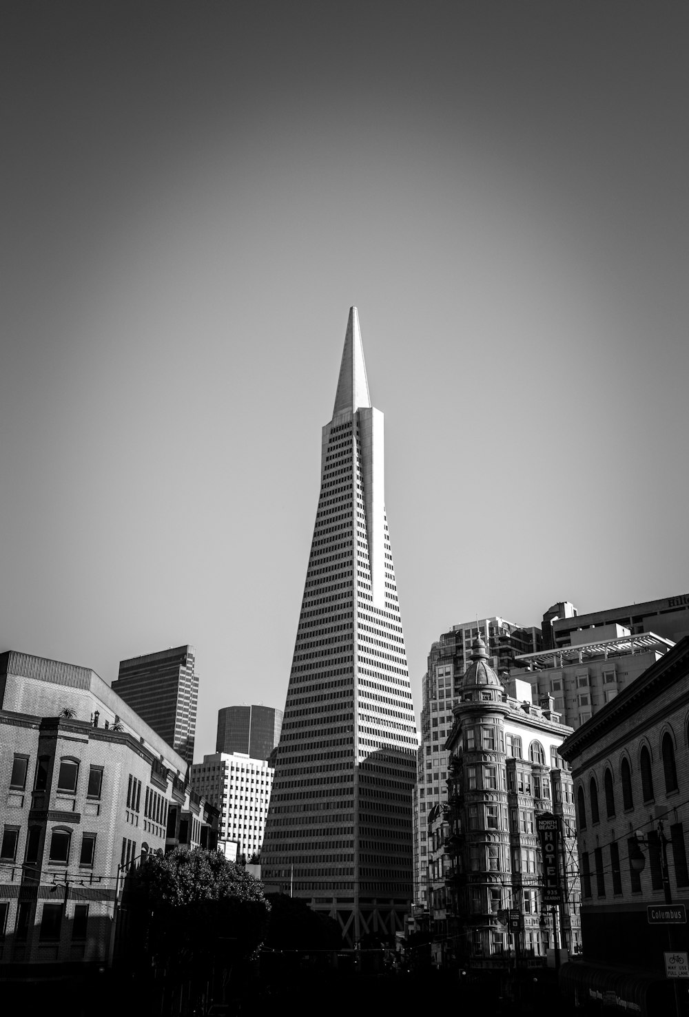 a black and white photo of a very tall building