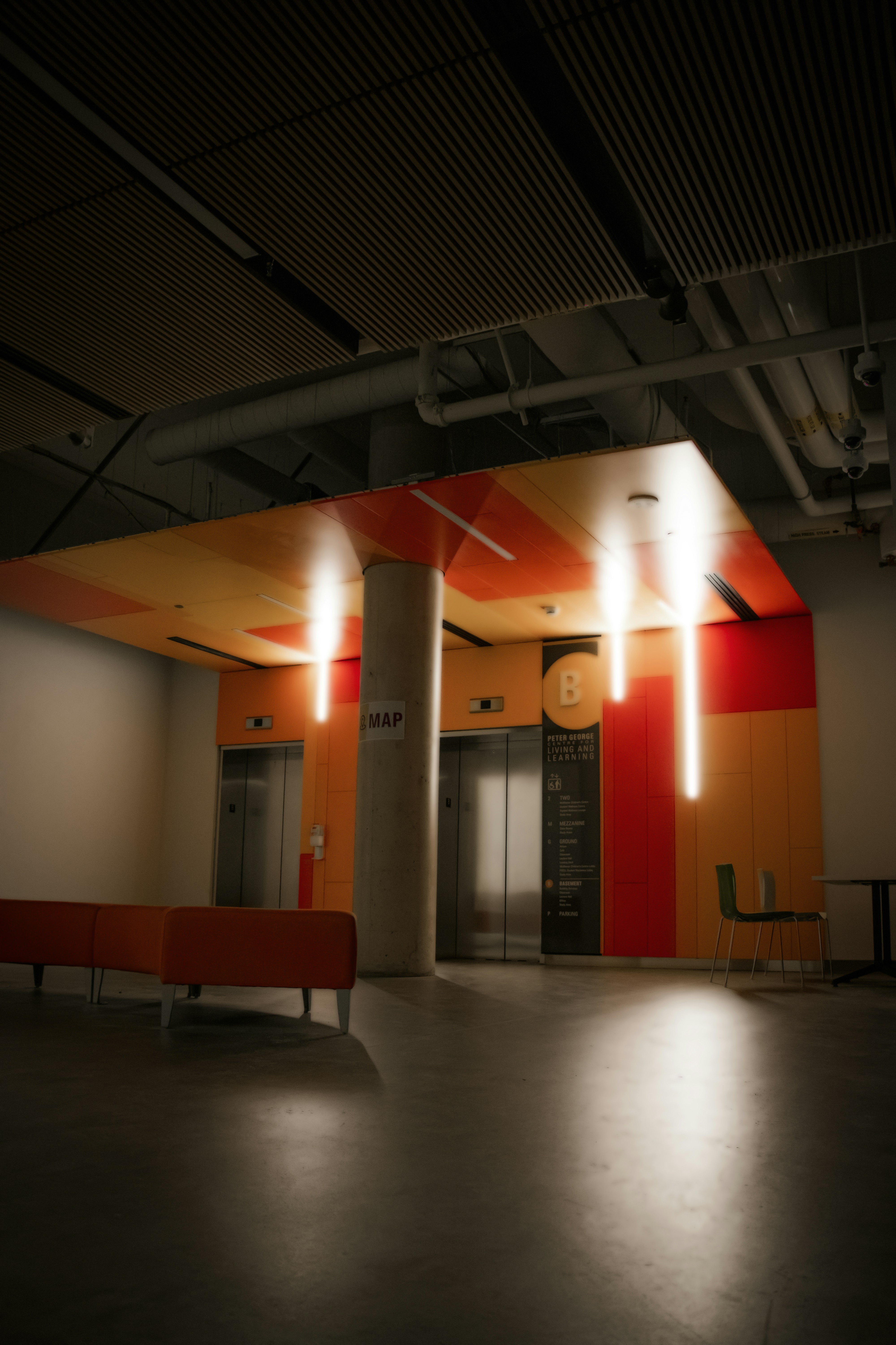 Dimly lit elevator entrance
