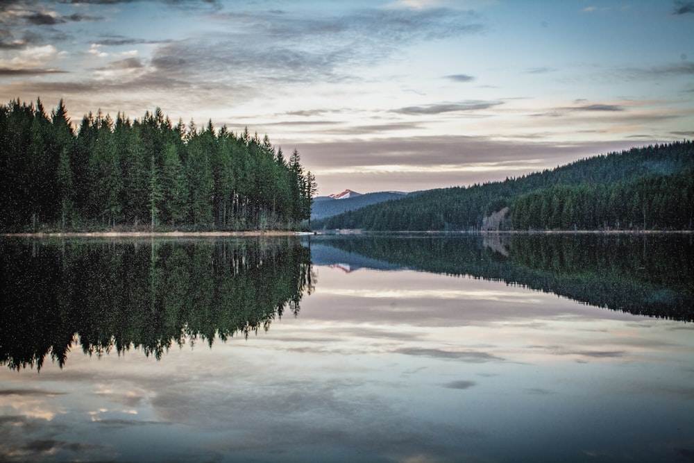 a lake surrounded by trees with a mountain in the background