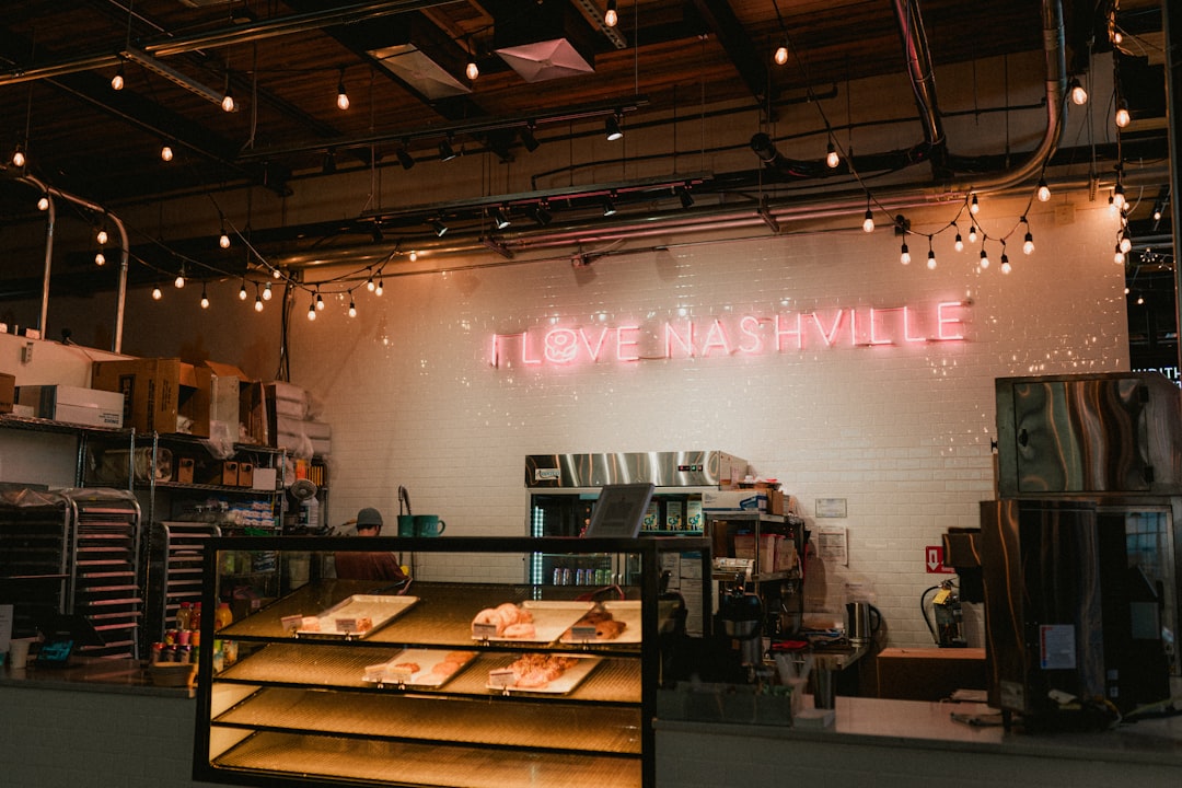 the inside of a restaurant with a sign that says i love nashville