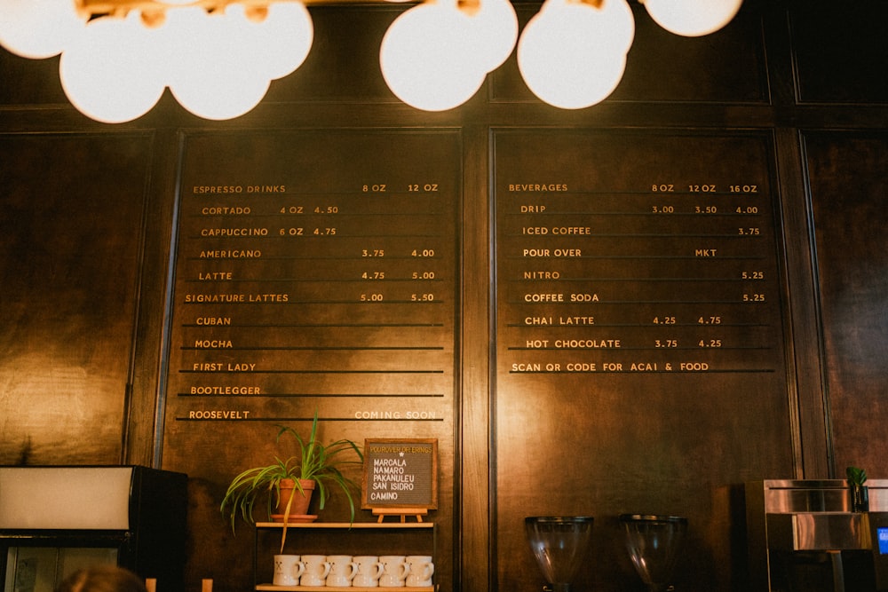 a wall with a menu and lights above it