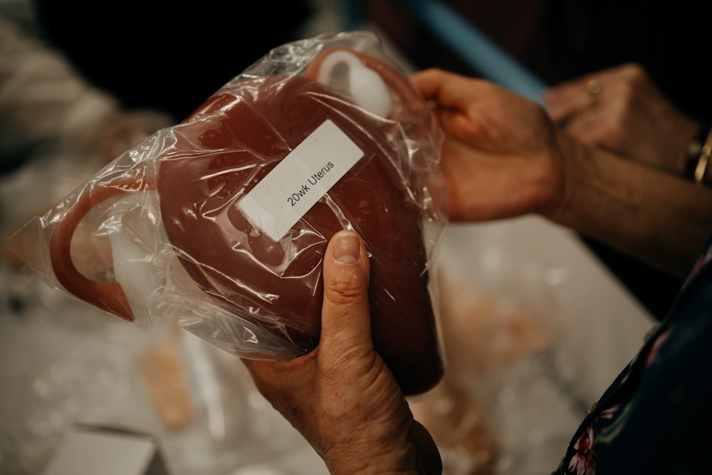 a person holding a wrapped hot dog in a plastic bag