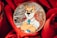 A coin featuring a cartoonish dog character wearing a shirt and tie with a stern expression, set against a background of intricate circuit patterns. The coin is placed on vibrant red roses, creating a contrast between the metallic and organic textures.