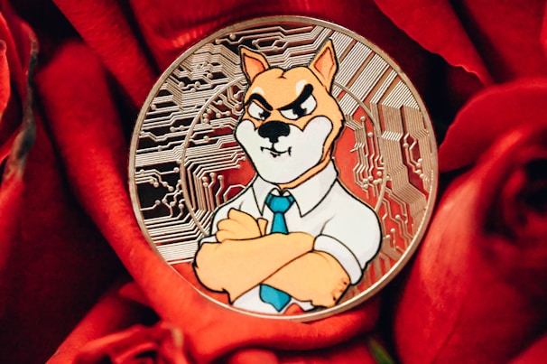 A coin featuring a cartoonish dog character wearing a shirt and tie with a stern expression, set against a background of intricate circuit patterns. The coin is placed on vibrant red roses, creating a contrast between the metallic and organic textures.