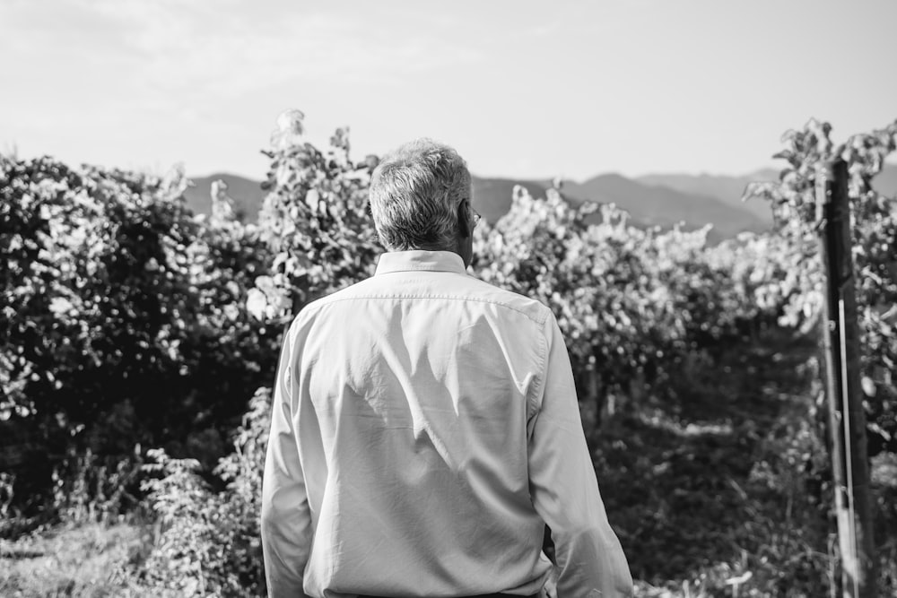 a man standing in front of a vineyard