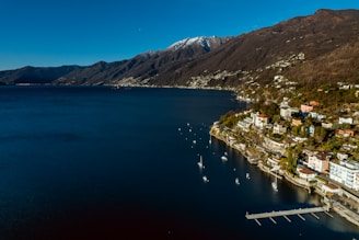 an aerial view of a city on a lake
