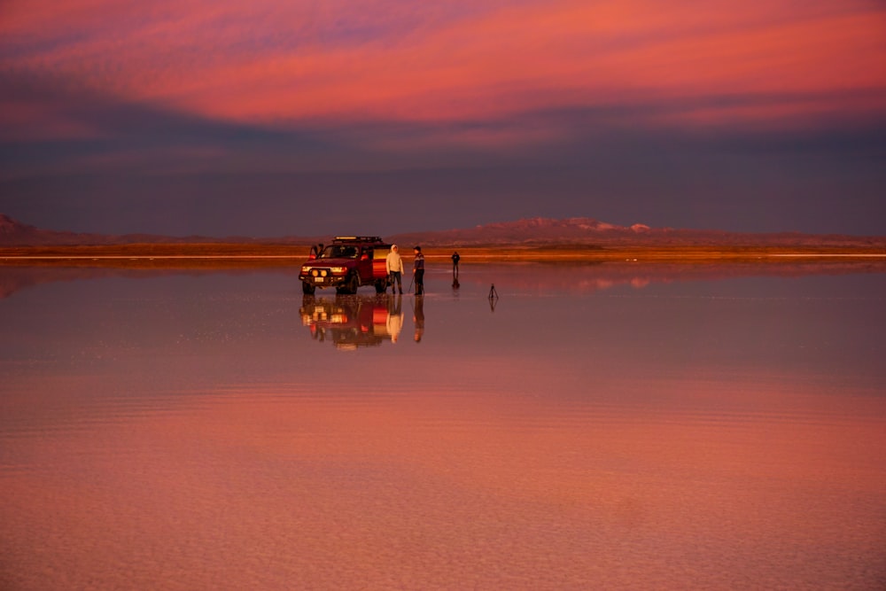 a truck that is sitting in the water