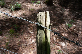 Storm debris tangled around a damaged fence post illustrating natural damage.