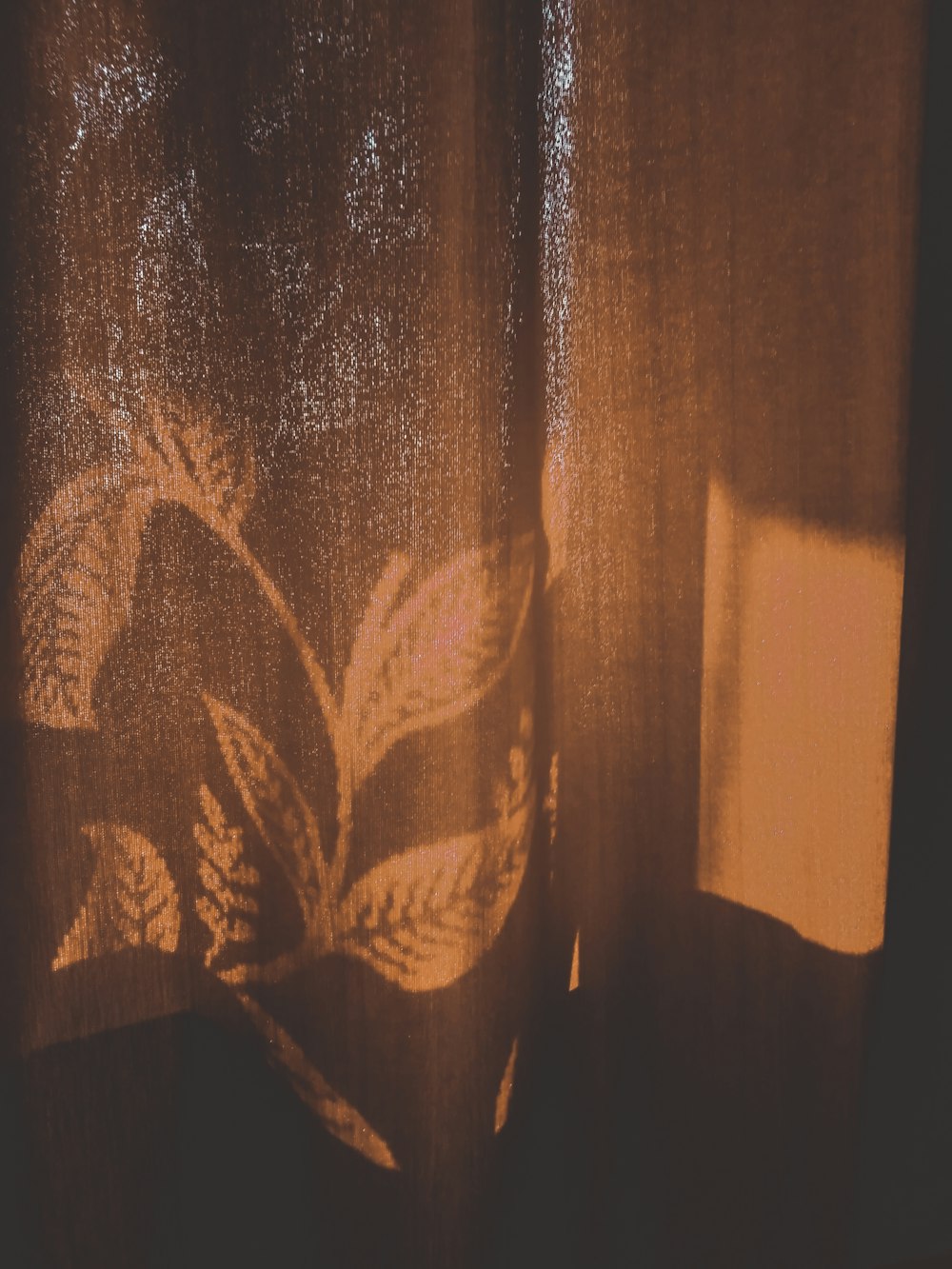 a close up of a curtain with a plant on it