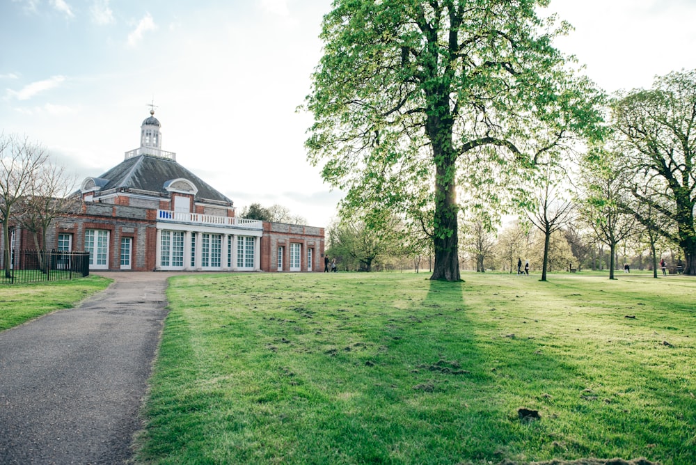 a building in a park with a walkway leading to it