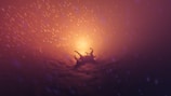 A dramatic scene featuring a silhouetted figure falling through a glowing and swirling atmospheric environment. The background is filled with vibrant orange and purple hues, reminiscent of a fiery or mystical setting. Particles or sparks seem to float around, enhancing the dynamic and surreal nature of the scene.