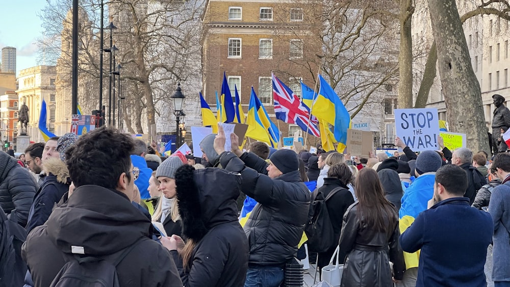 a crowd of people holding flags and signs