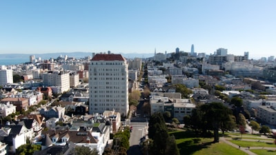 A panoramic cityscape featuring a blend of residential and commercial buildings under a clear blue sky. Skyscrapers are visible in the distance with a large, lush green park in the foreground. The scene includes a variety of architectural styles, with a prominent, tall, white building at the center. Tree-lined streets and well-maintained green areas highlight urban planning.