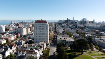 A panoramic cityscape featuring a blend of residential and commercial buildings under a clear blue sky. Skyscrapers are visible in the distance with a large, lush green park in the foreground. The scene includes a variety of architectural styles, with a prominent, tall, white building at the center. Tree-lined streets and well-maintained green areas highlight urban planning.