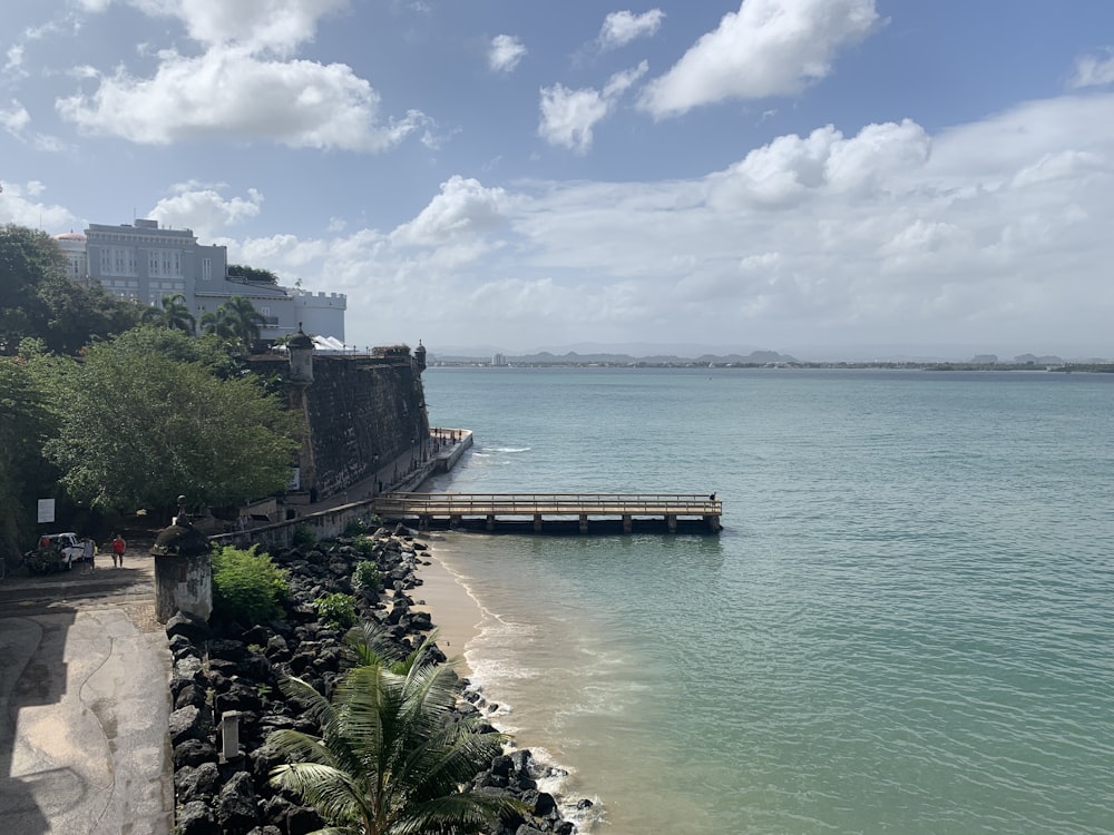 a view of a body of water with a pier in the middle