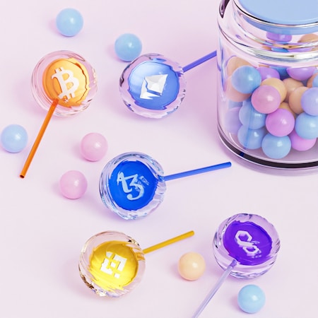 Colorful lollipops with cryptocurrency logos are arranged next to a clear jar filled with pastel-colored gumballs. The lollipop sticks extend from the candies, which display symbols of various digital currencies like Bitcoin and Ethereum.